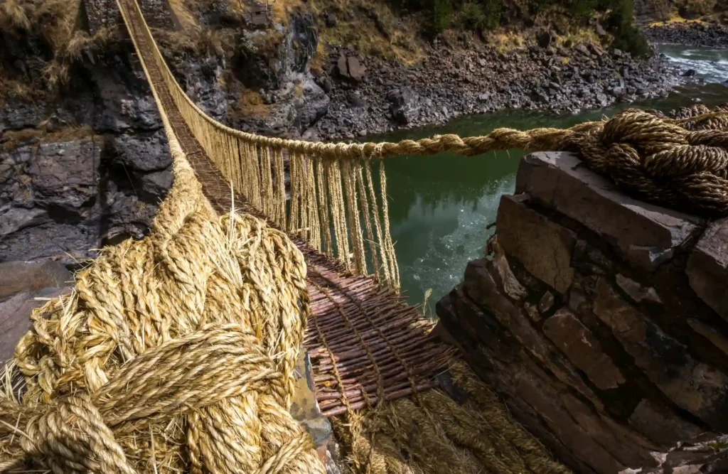 Qeswachaka's bridge during one of the latter phases of it's reconstruction.