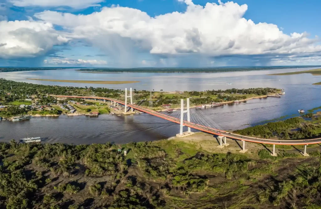 Iquitos's Nanay bridge, said bridge crosses the Amazon River and connects Iquitos with the rest of the country by land means