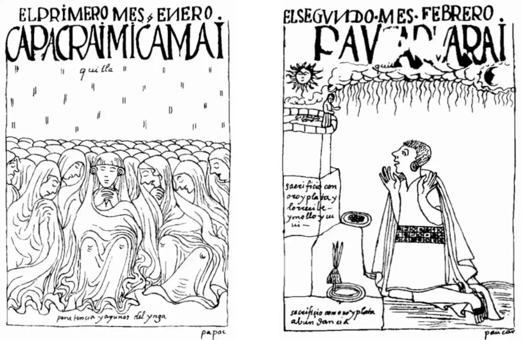 The first and second month of the Inca Calendar, drawings depicting the main activities for these months.