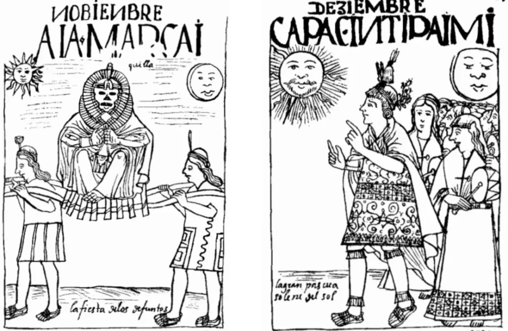 The eleventh and twelfth month of the Inca Calendar, drawings depicting the main activities for these months.