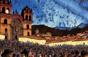 Painting of a party in Cusco's main square.